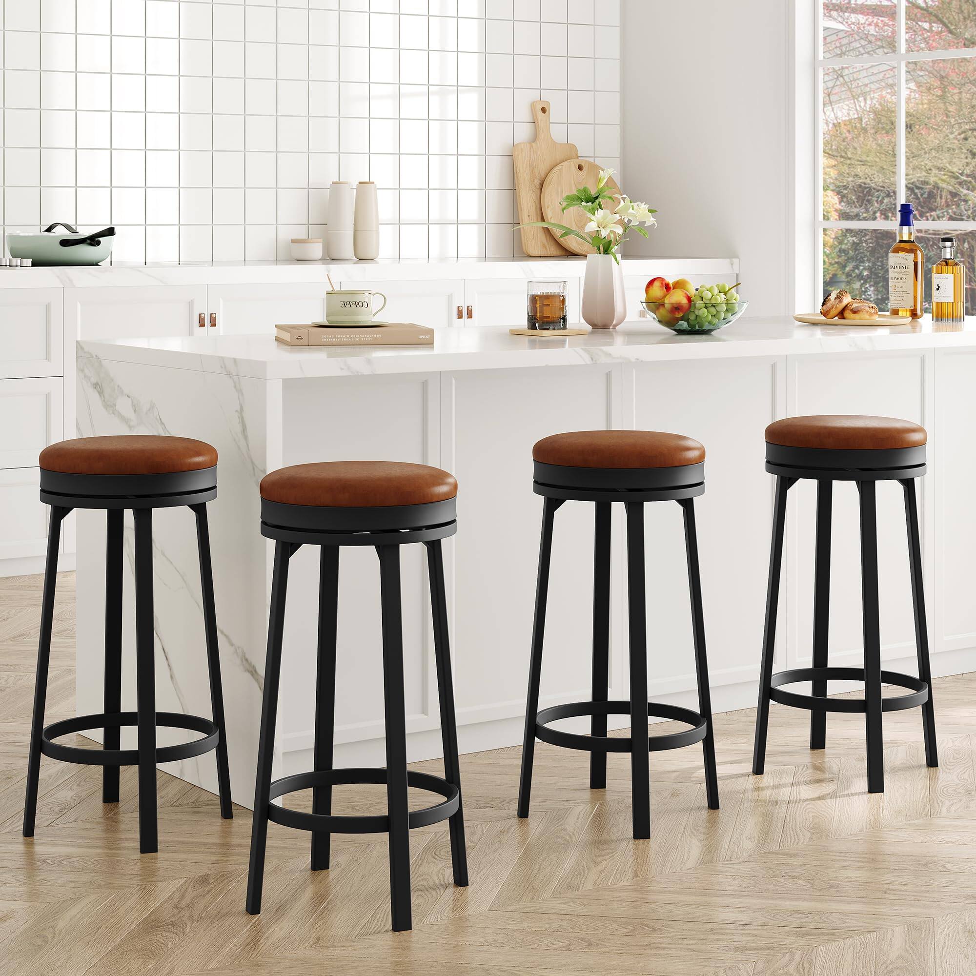 Jojoka - 30" Swivel Bar Stools Set of 4, Counter Height Backless Bar Stools, PU Leather Upholstered and Metal Frame - Brown