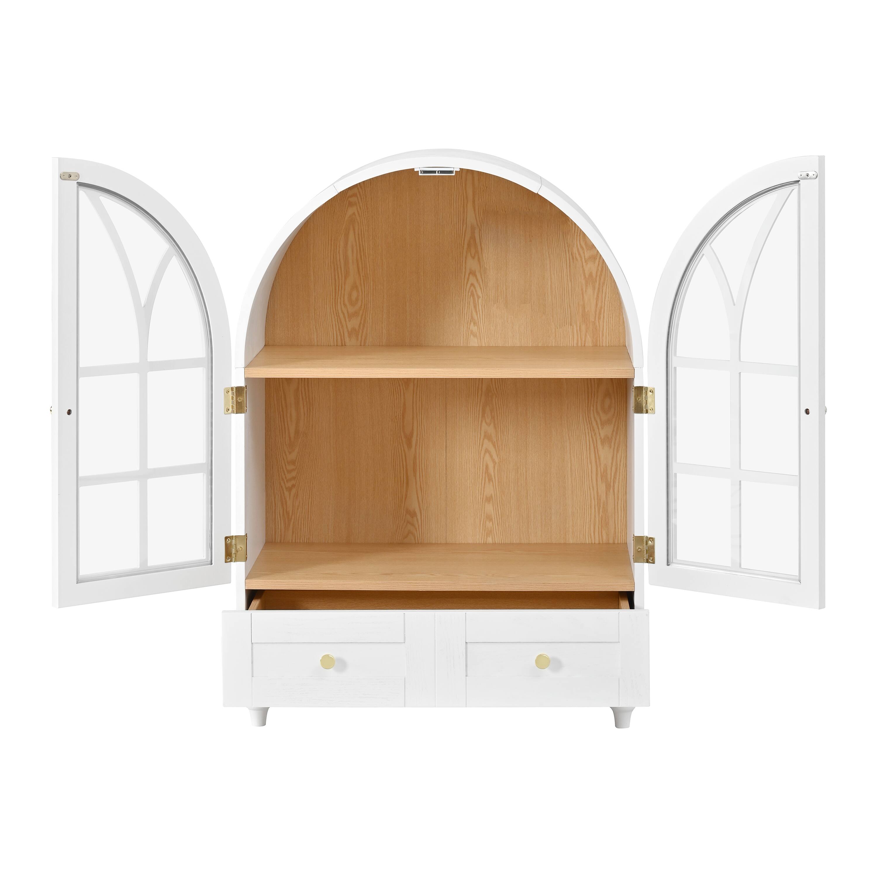 Alt View 8. Loheer - Loheer Arched Display Cabinet with Glass Doors, Wood Storage Accent Cabinet with Drawers for Living Room - Natural Wood Grain.