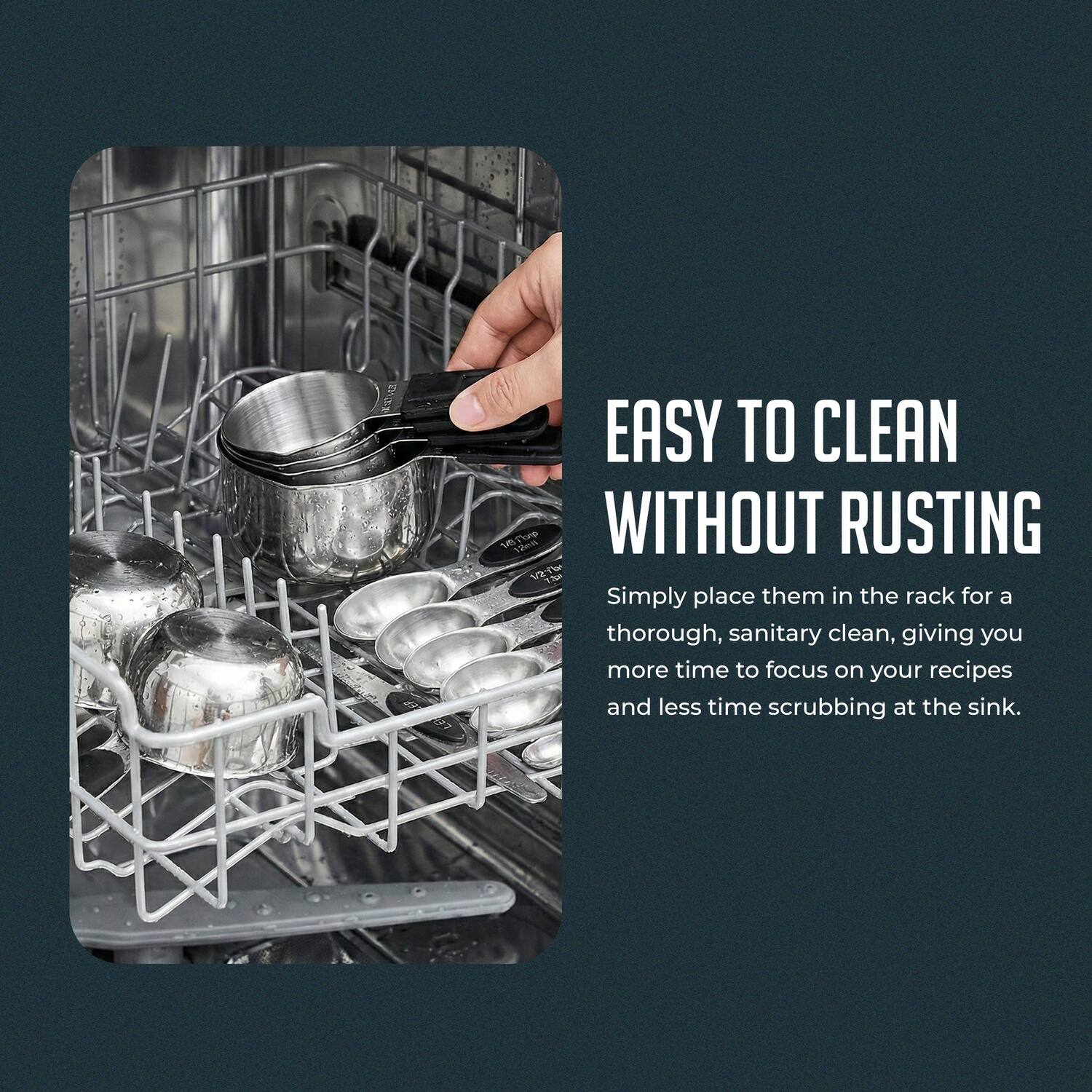 EASY TO CLEAN WITHOUT RUSTING

Simply place them in the rack for a thorough, sanitary clean, giving you more time to focus on your recipes and less time scrubbing at the sink.