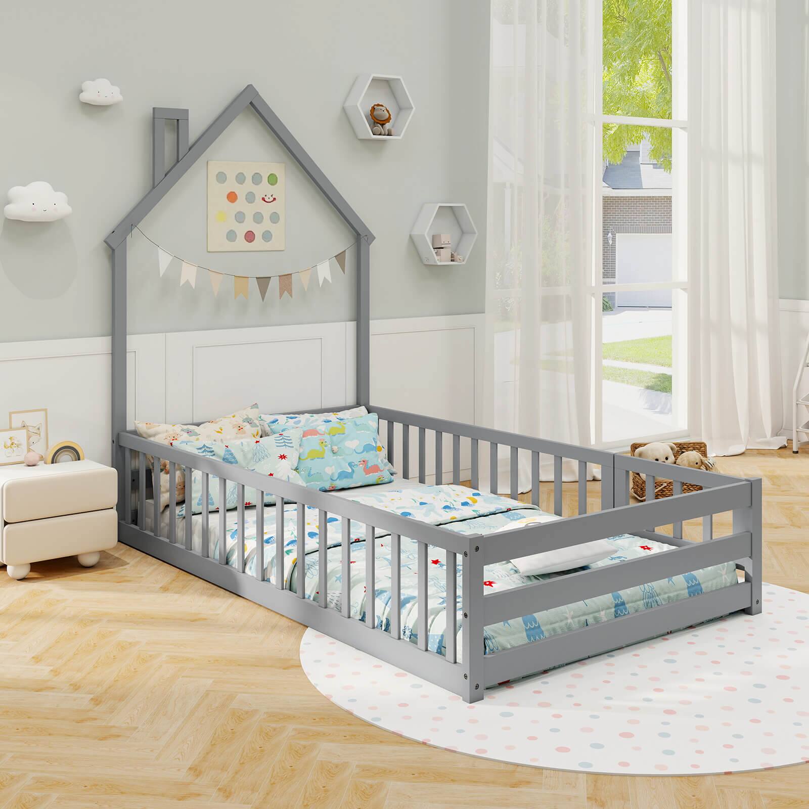 Alt View 1. Costway - Twin Size Montessori Floor Bed for Toddler with Lockable Door Full-Length Guardrail - Gray.