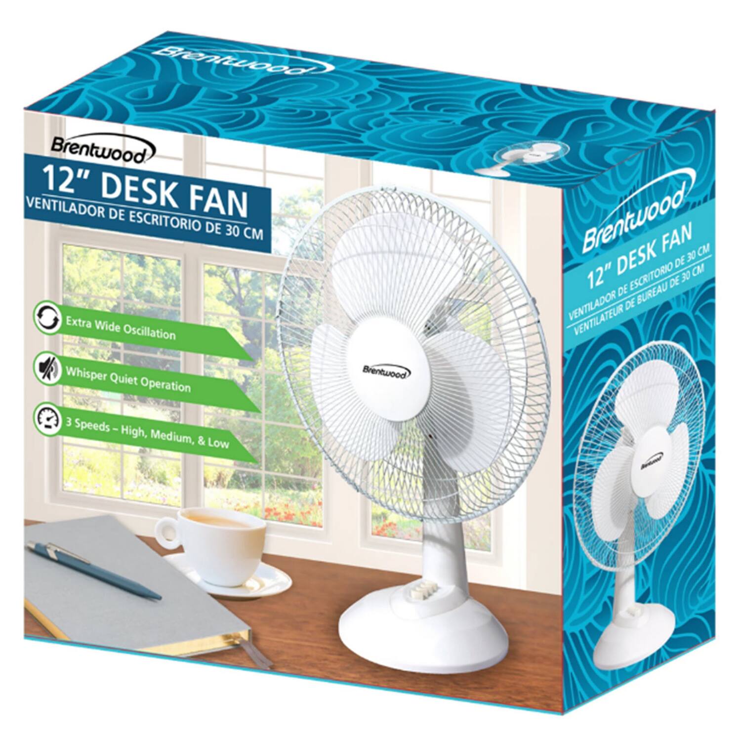 Brentwood 12" DESK FAN  
VENTILADOR DE ESCRITORIO DE 30 CM  
Extra Wide Oscillation  
Whisper Quiet Operation  
3 Speeds - High, Medium, & Low