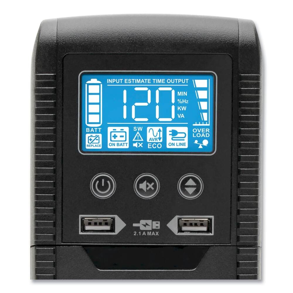 INPUT ESTIMATE TIME OUTPUT  
120 MIN %Hz KW VA  
BATT SW OVER LOAD  
REPLACE ON BATT ECO ON LINE  
AVR  
2.1 A MAX