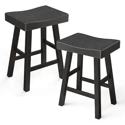 Front. Vaczon - Bar Stools Set of 2, Wooden Saddle Stools 24" Height Bar Chairs Seat with Footrests and Industrial Kitchen Counter Stool - Oak,Black.