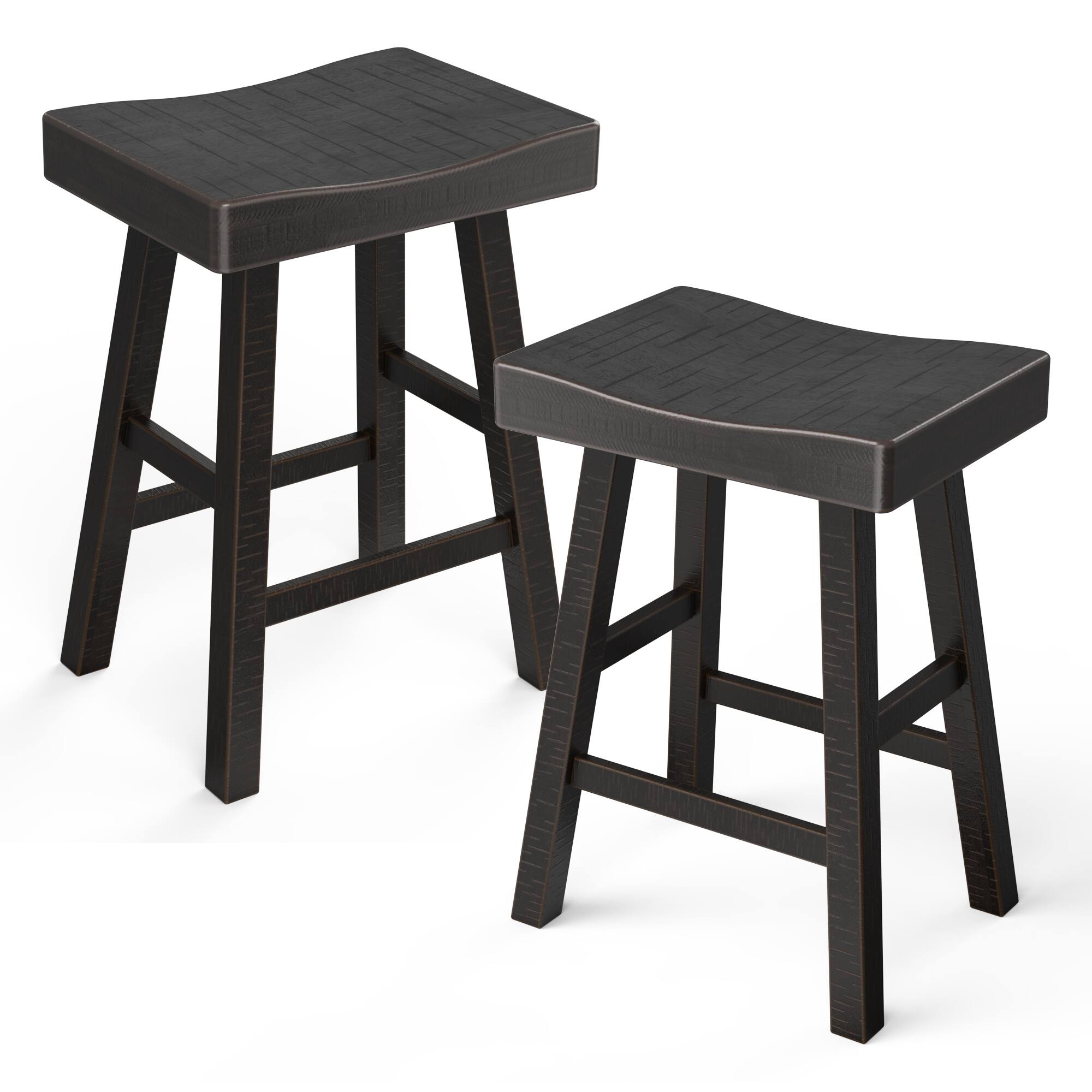 Front. Vaczon - Bar Stools Set of 2, Wooden Saddle Stools 24" Height Bar Chairs Seat with Footrests and Industrial Kitchen Counter Stool - Oak，Black.