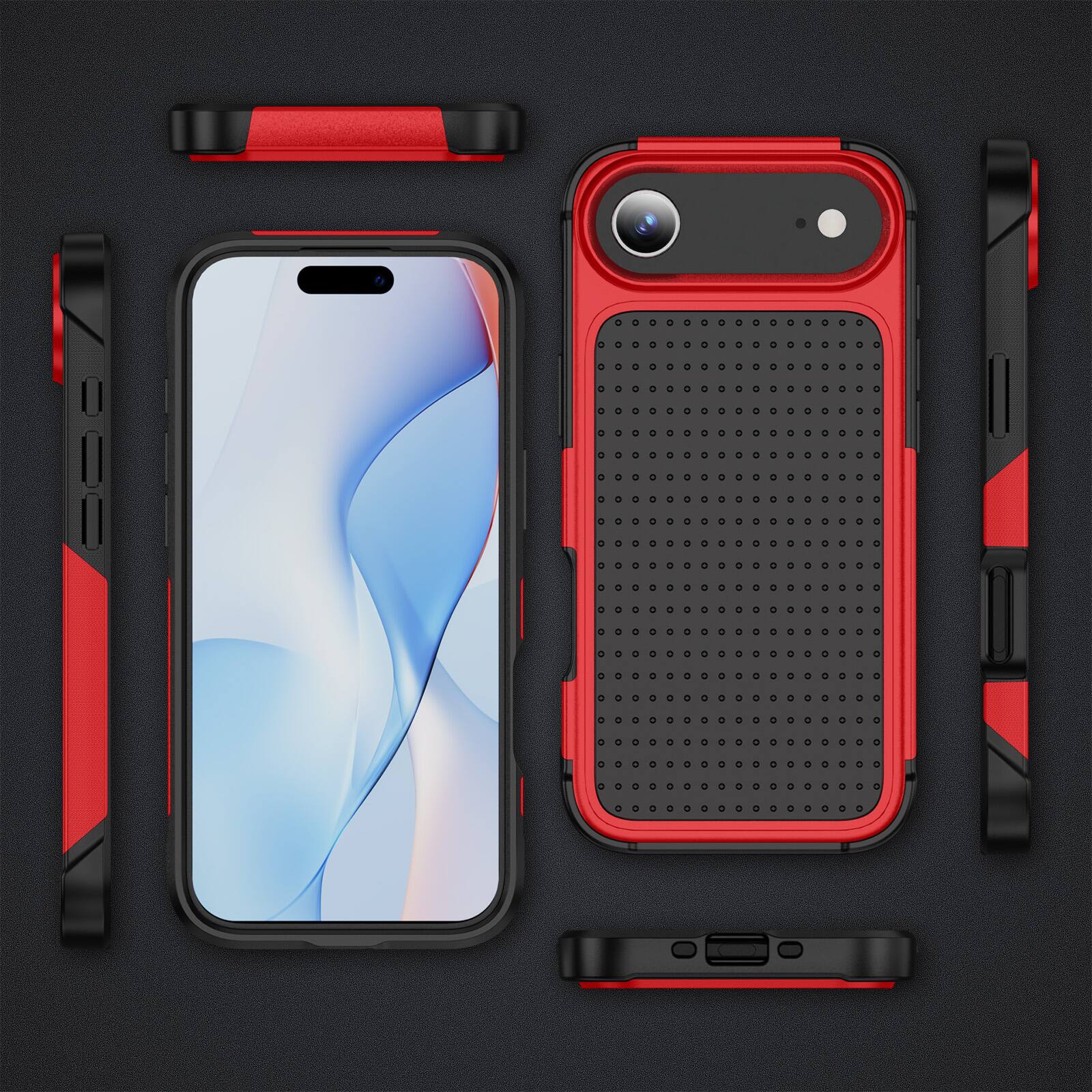 The image shows a red and black phone case with a textured back and modular attachments.