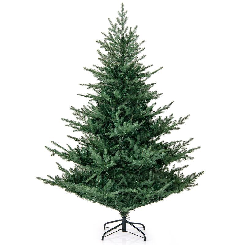 Left. WELLFOR - 6 ft Pre‑Decorated Pre‑Lit Artificial Christmas Tree, Hinged PE‑PVC Xmas Tree with 830 Branch Tips - Green.