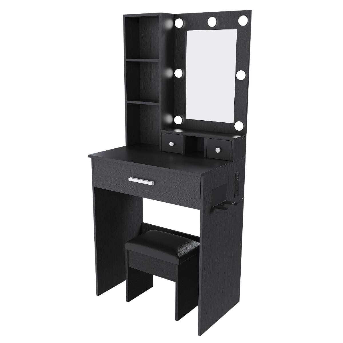 Back. Loheer - Loheer Makeup Vanity with Mirror and Adjustable LED Lights, Black, Includes Stool - Black.