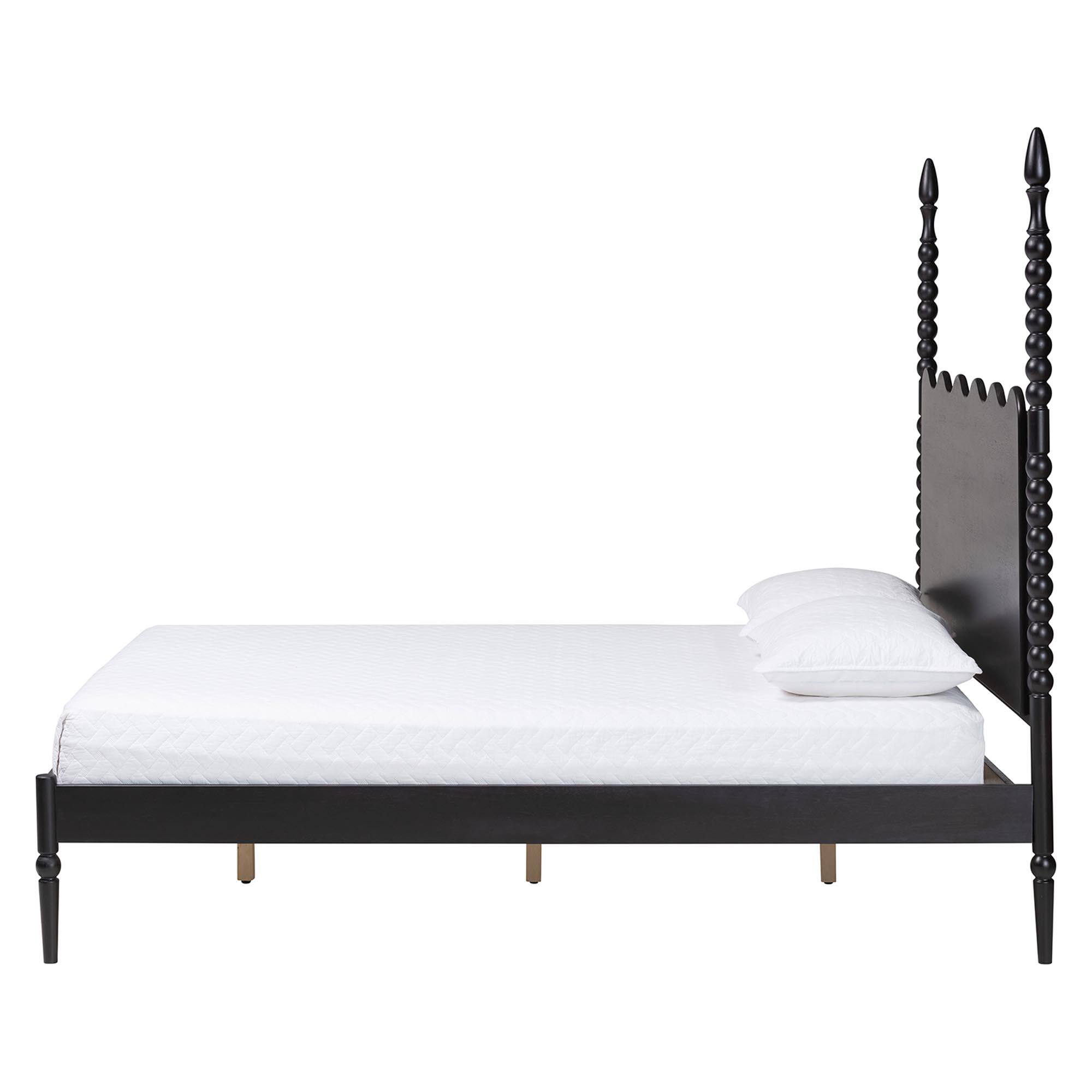 Angle. Baxton Studio - Brantley Spindle Platform Bed - Farmhouse Bed Frame with Scalloped Headboard and Turned Posts, Queen - Black.