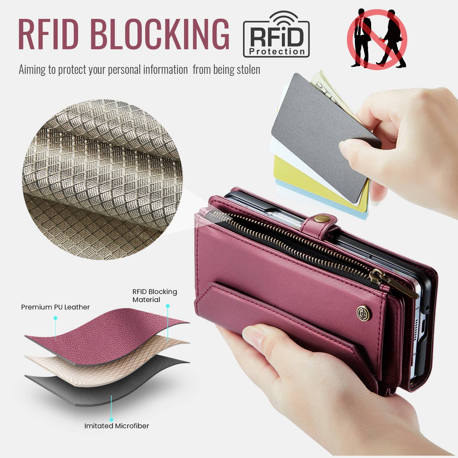 RFID BLOCKING  
RFiD Protection  
Aiming to protect your personal information from being stolen  

Premium PU Leather  
RFID Blocking Material  
Imitated Microfiber