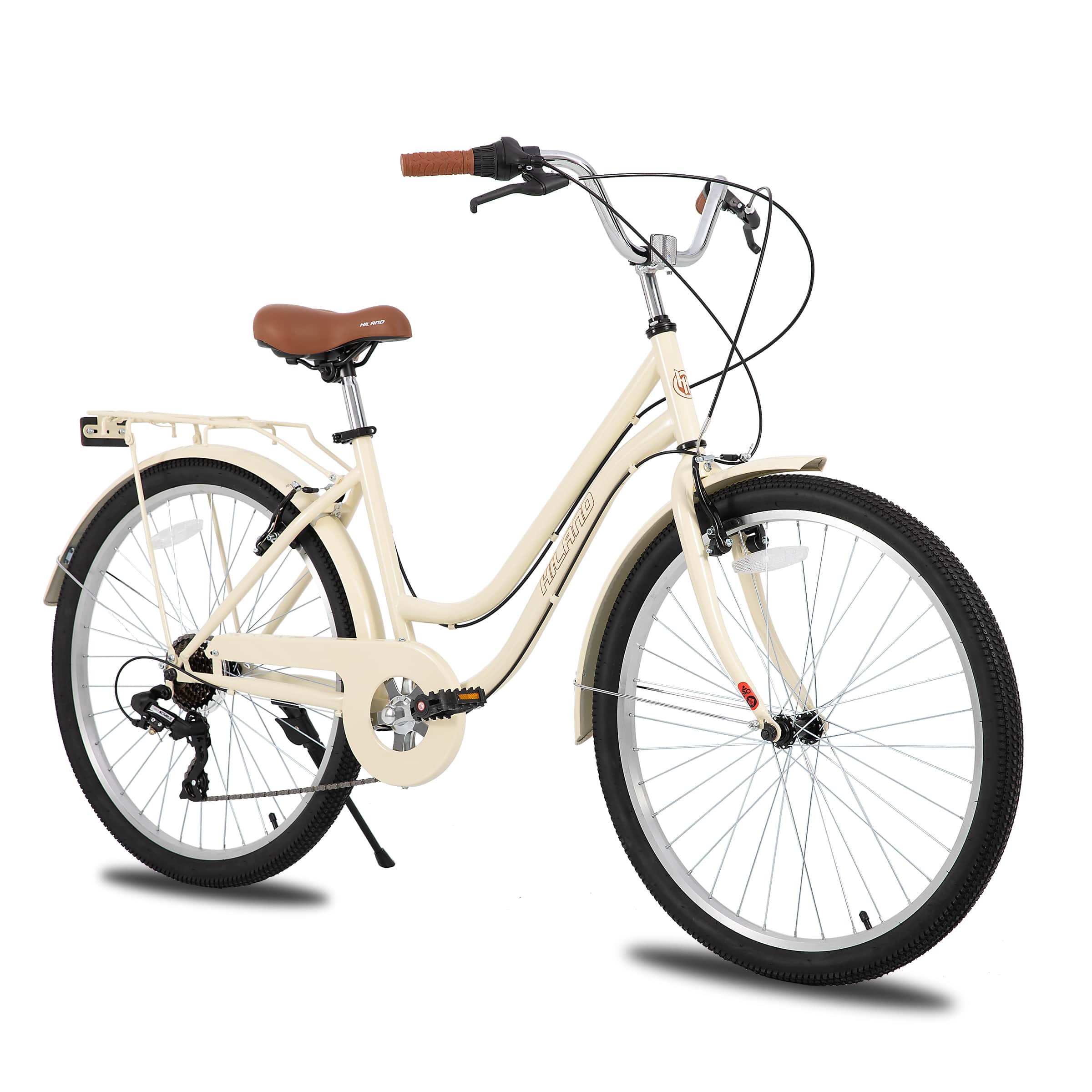 HILAND - 26 Inch Beach Cruiser Bike for Men and Women, 7 Speed Step-Through Adult Hybrid Bike with Rear Rack - Beige