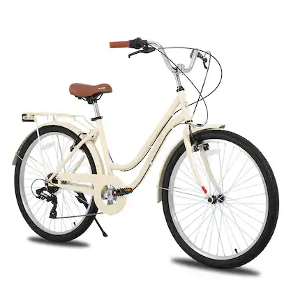 Front. HILAND - HILAND 26 Inch Beach Cruiser Bike for Men and Women, 7 Speed Step-Through Adult Hybrid Bike with Rear Rack Beige - Beige.