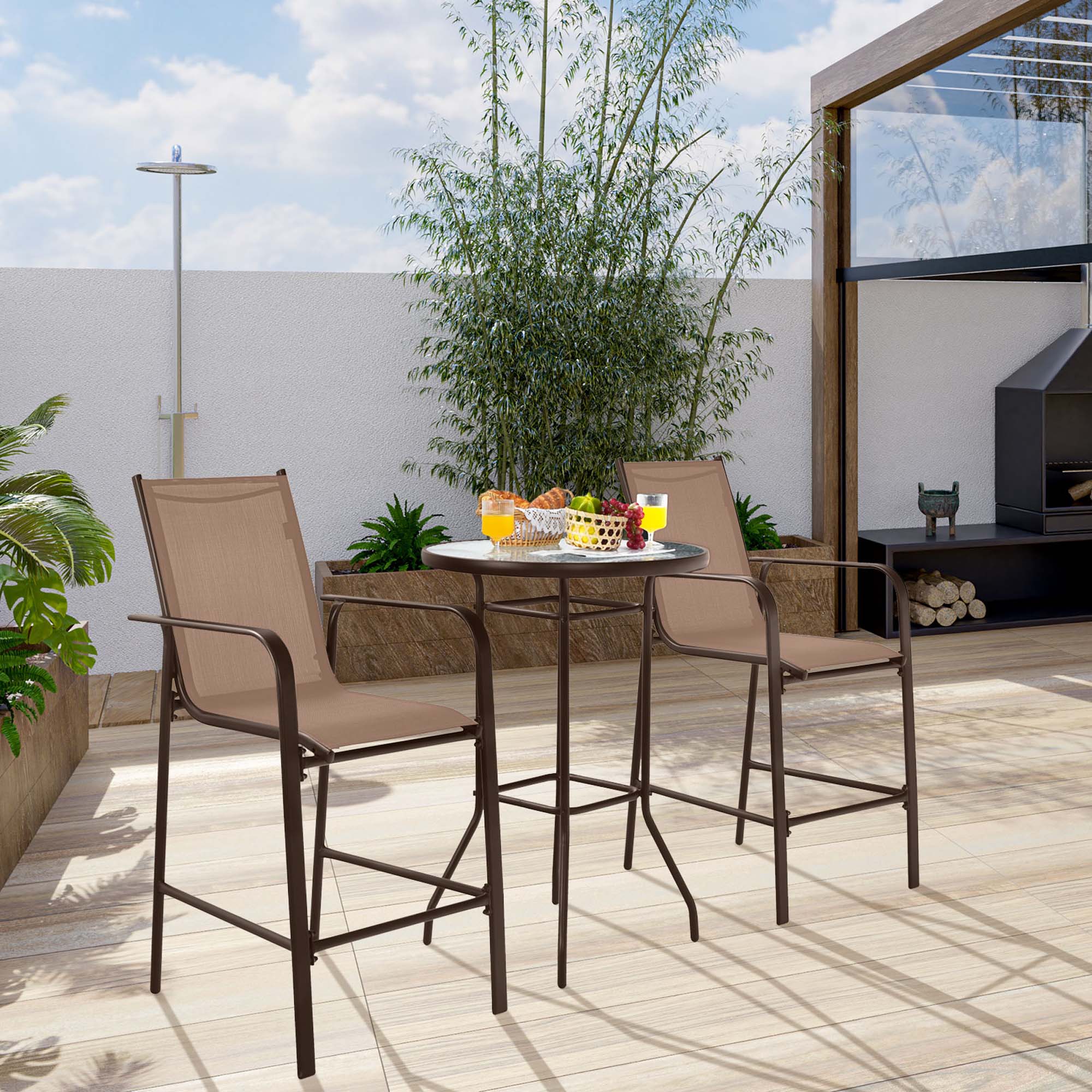Alt View 4. Costway - Costway 3 PCS Outdoor Patio Bar Table Stool Set Height Tempered Glass Top - Brown.