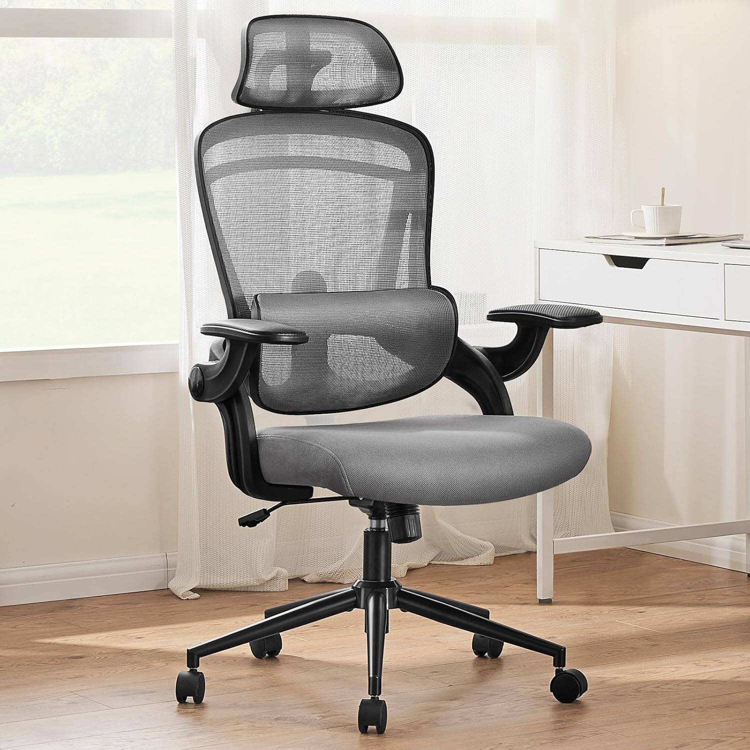 Angle. Sweet - Ergonomic Desk Chair Office Chair with Lumbar Support Flip-up Armrests, Mesh Swivel High Back Desk Chairs, Gray - Gray.