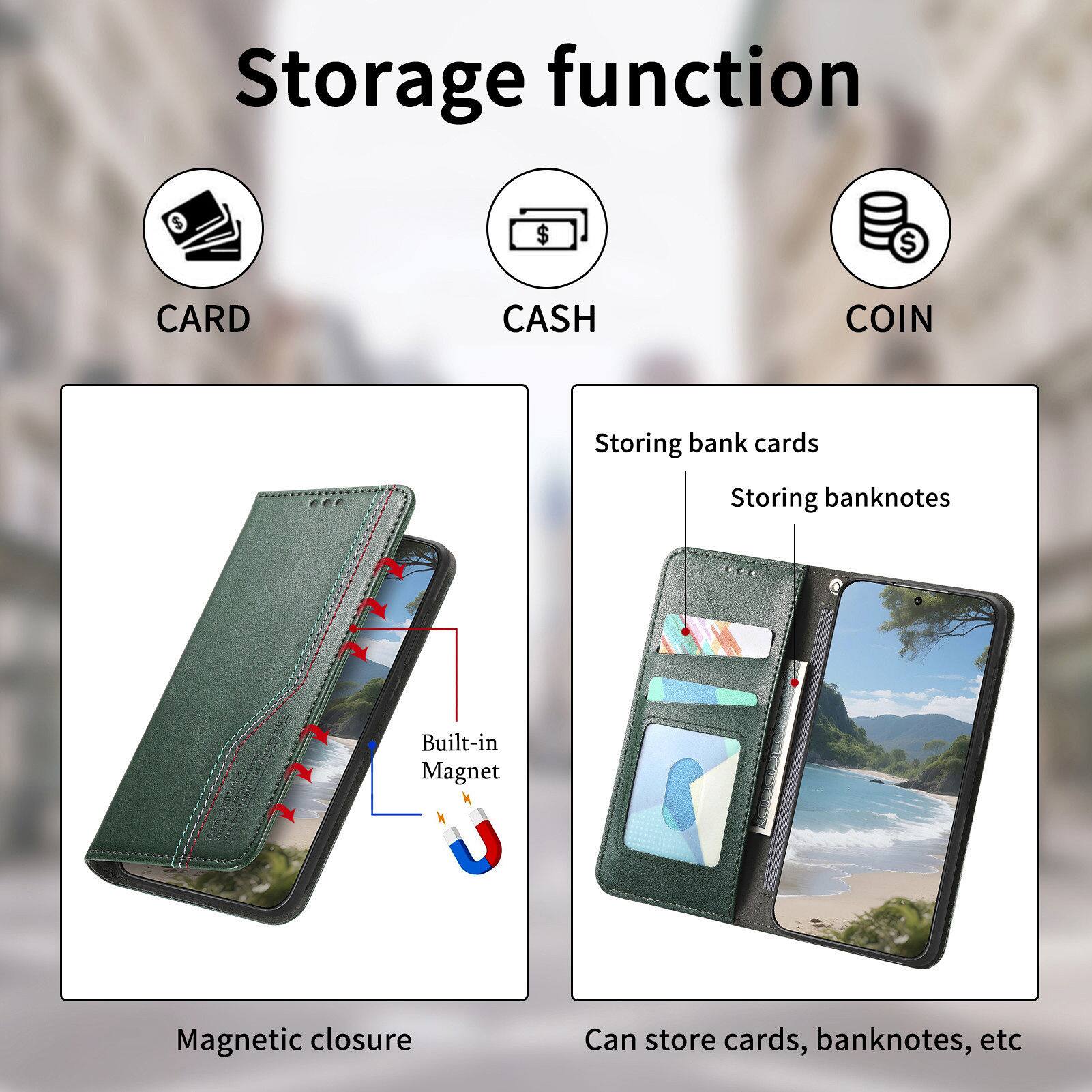 Storage function

CARD CASH COIN

Storing bank cards
Storing banknotes

Built-in Magnet
Magnetic closure

Can store cards, banknotes, etc
