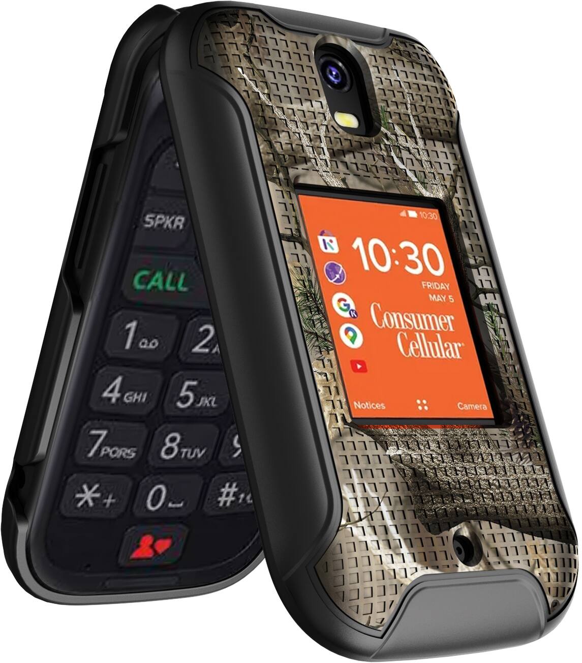 SPKR CALL 1 2 4GHI 5JKL 7PQRS 8TUV *+ 0 #  
10:30 10:30 FRIDAY MAY 5  
Consumer Cellular  
Notices Camera