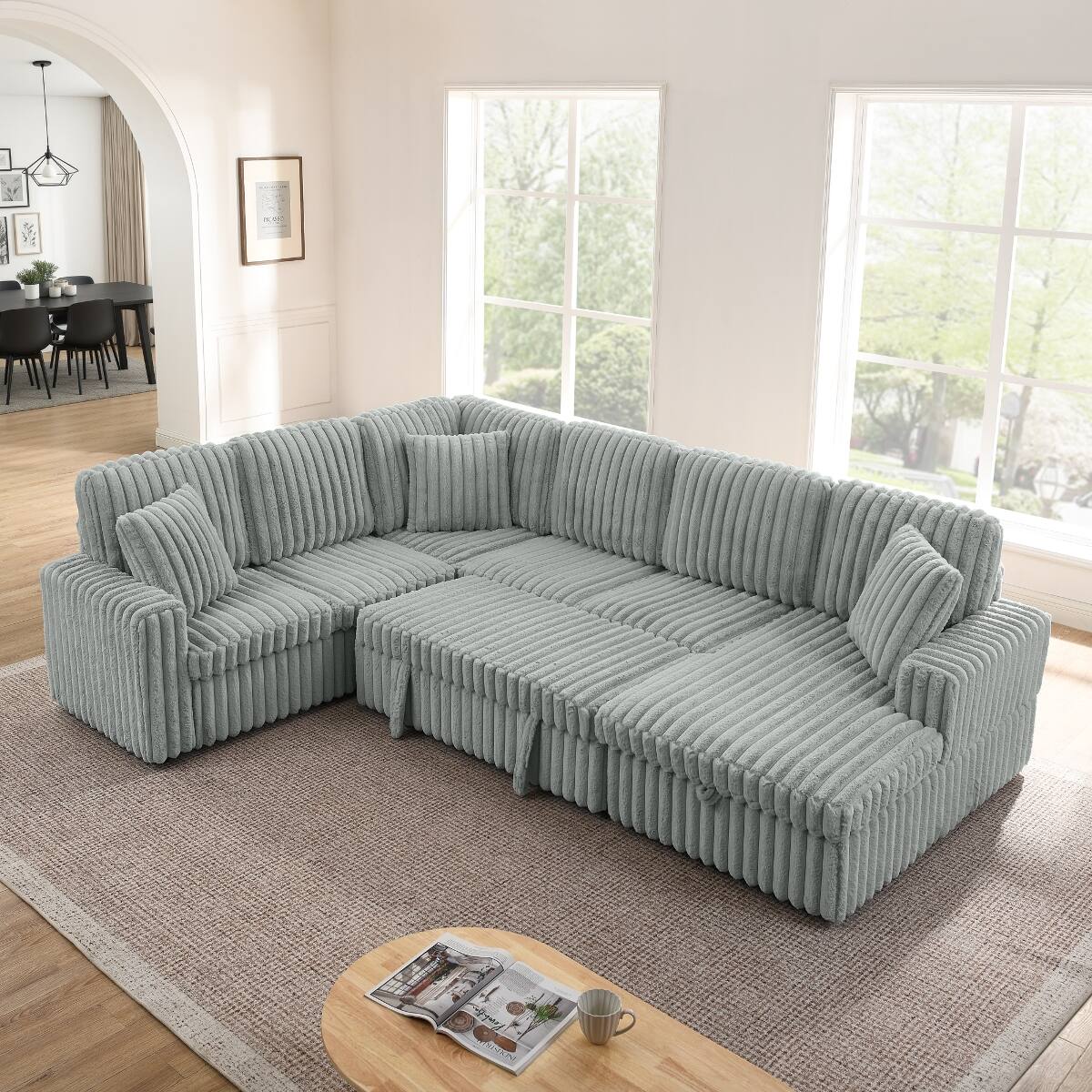 Alt View 1. Ropilly - Ropilly U Shaped Sectional Sofa, Corduroy Upholstered Pull Out Sofa Bed with Storage Chaise, Grey - Grey.