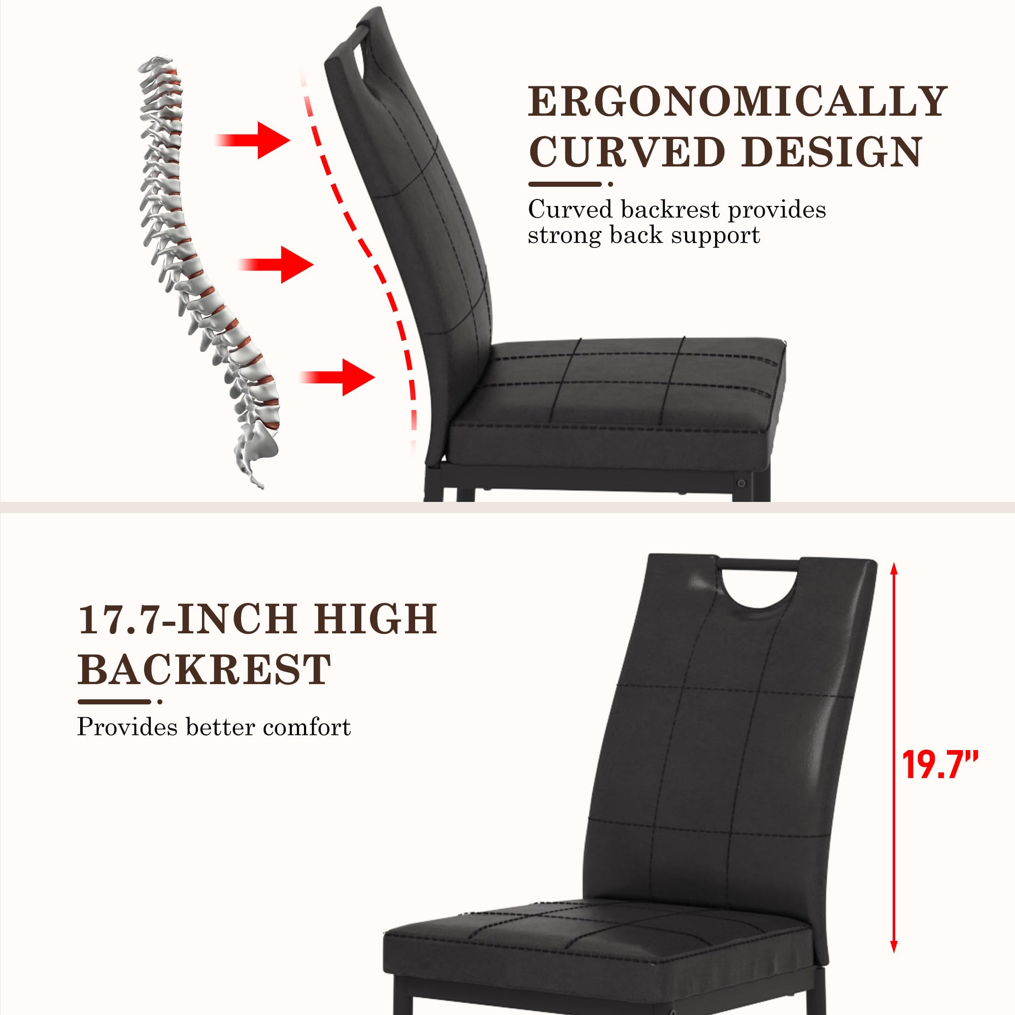 ERGONOMICALLY CURVED DESIGN  
Curved backrest provides strong back support  

17.7-INCH HIGH BACKREST  
Provides better comfort  

19.7"