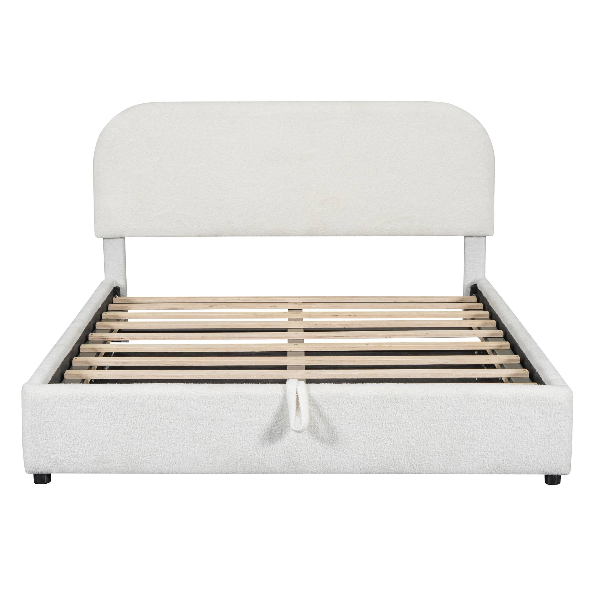 Back. Tiramisubest - Teddy Fleece Queen  Size Upholstered Platform Bed with Hydraulic Storage System, White - White.