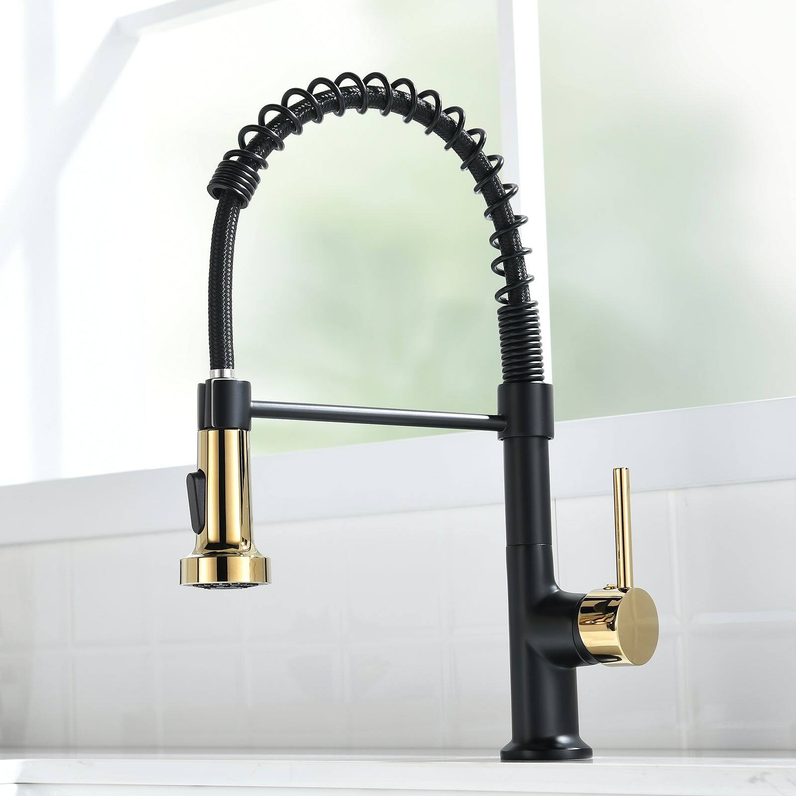 Alt View 4. Boyel Living - Matte Black with Gold Single Handle No Sensor Gooseneck Pull Down Sprayer Kitchen Faucet - Matte Black with Gold.