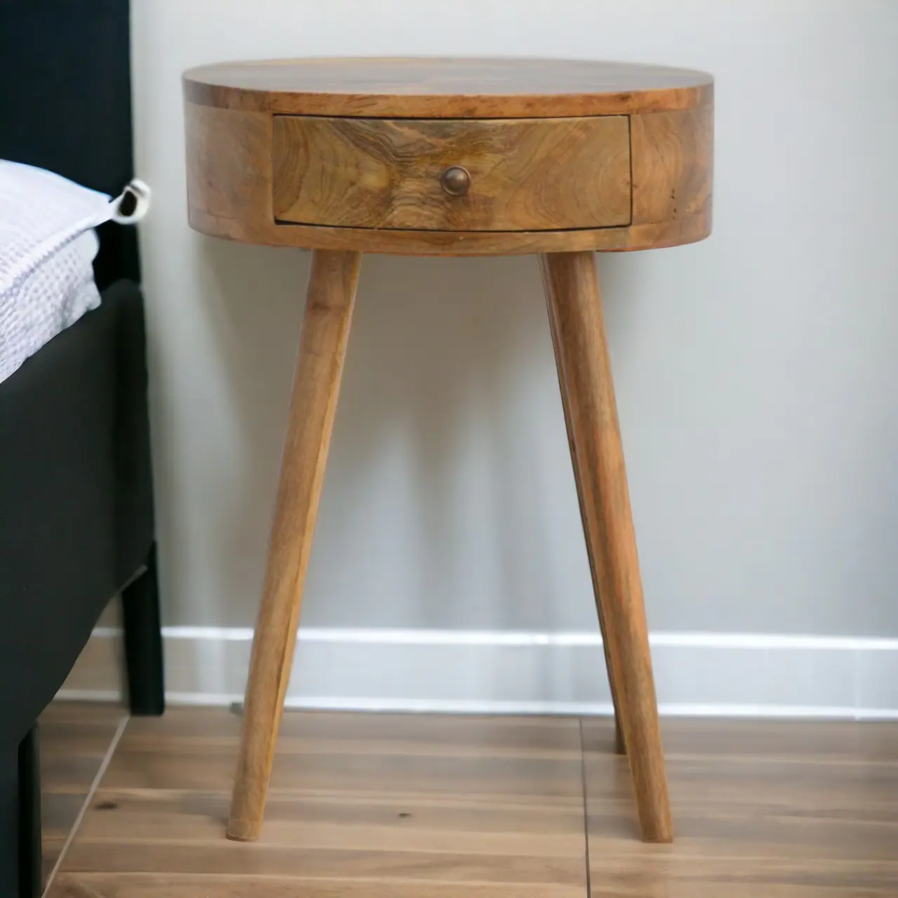 Alt View 6. Artisan Furniture - Artisan Furniture Solid Wood Nordic Circular Shaped Nightstand, 1 Drawer, Nordic legs, Brown - Oak.