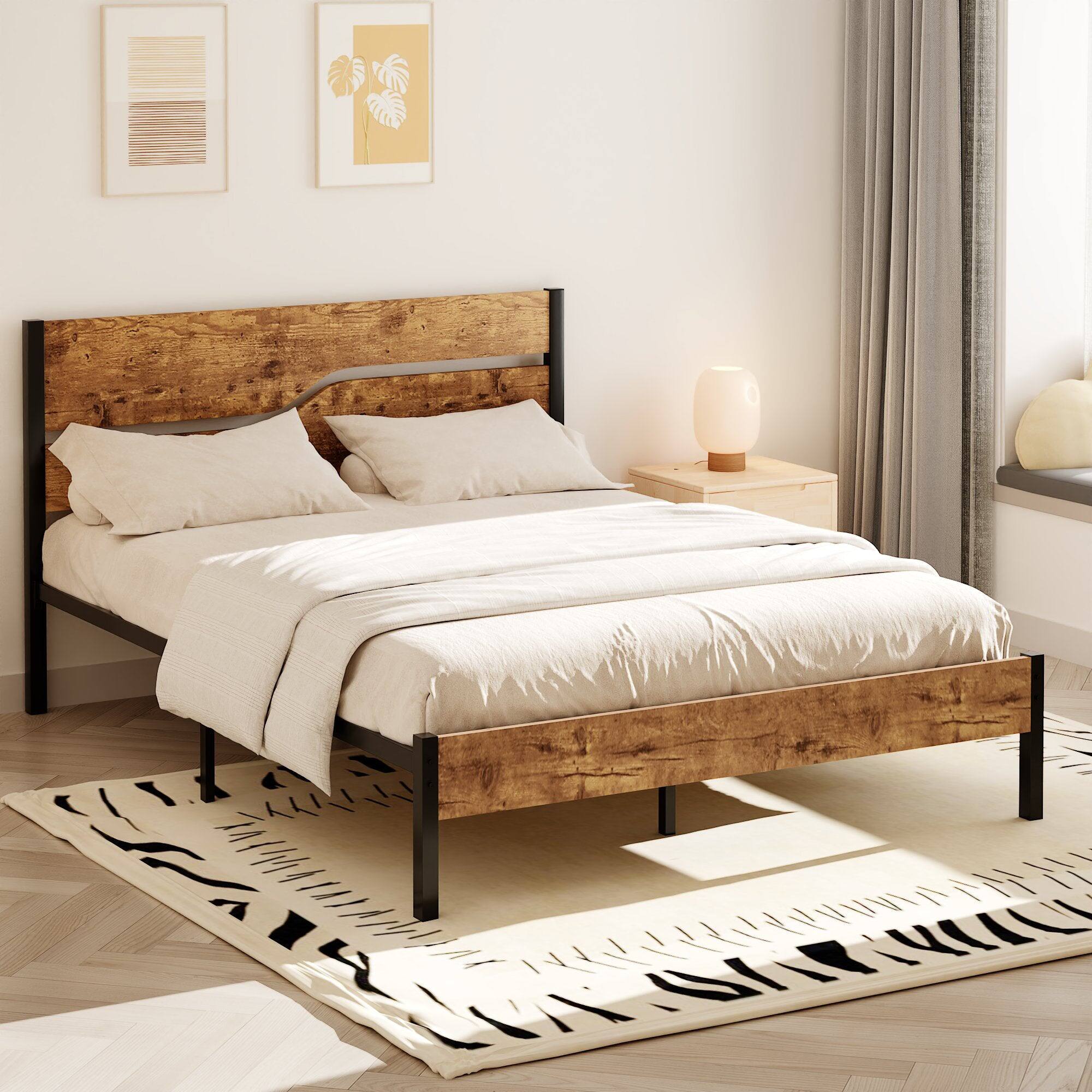 Back. Vecelo - Queen Size Bed Frame with Wood Headboard, Heavy Duty Metal Platform with Storage, Noise-Free, No Box Spring Needed - Brown.
