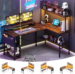 Aheaplus - 49'' Reversible L-Shaped Computer Gaming Desk with LED Lights, Power Outlets, and Hutch Storage - Brown
