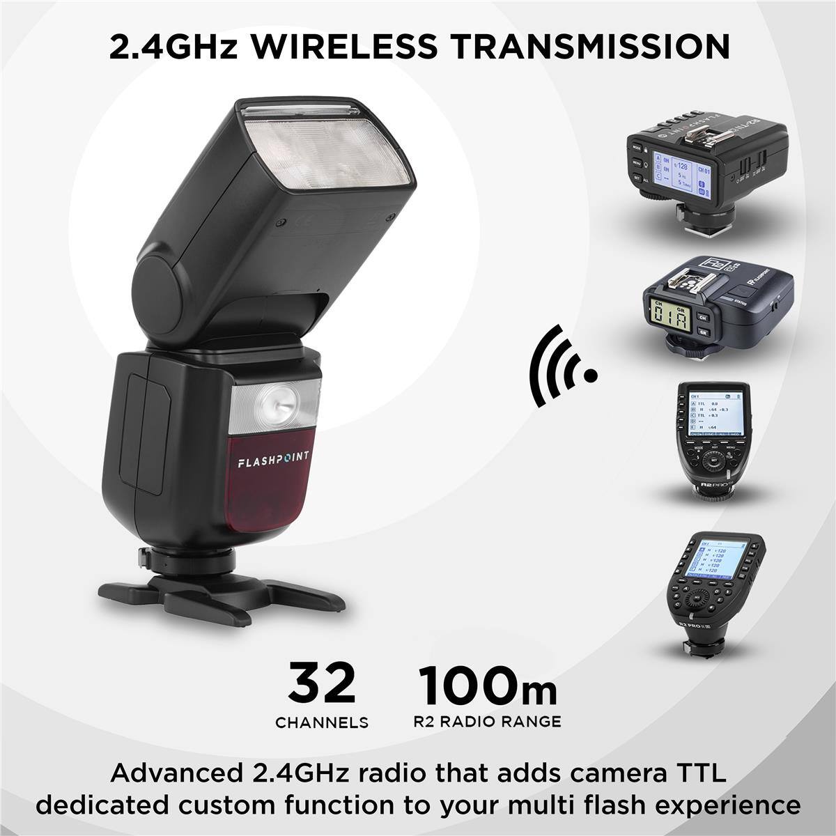 2.4GHz WIRELESS TRANSMISSION

32 CHANNELS

100m R2 RADIO RANGE

Advanced 2.4GHz radio that adds camera TTL dedicated custom function to your multi flash experience