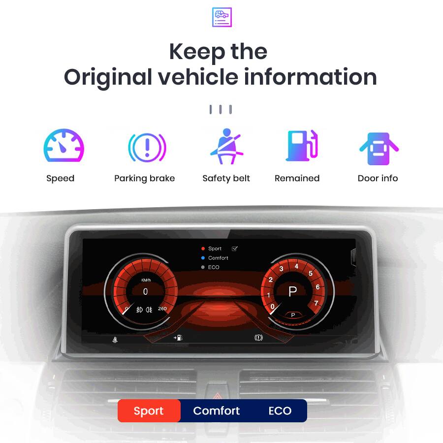 Keep the Original vehicle information!

Speed  
Parking brake  
Safety belt  
Remained  
Door info  

Sport  
Comfort  
ECO