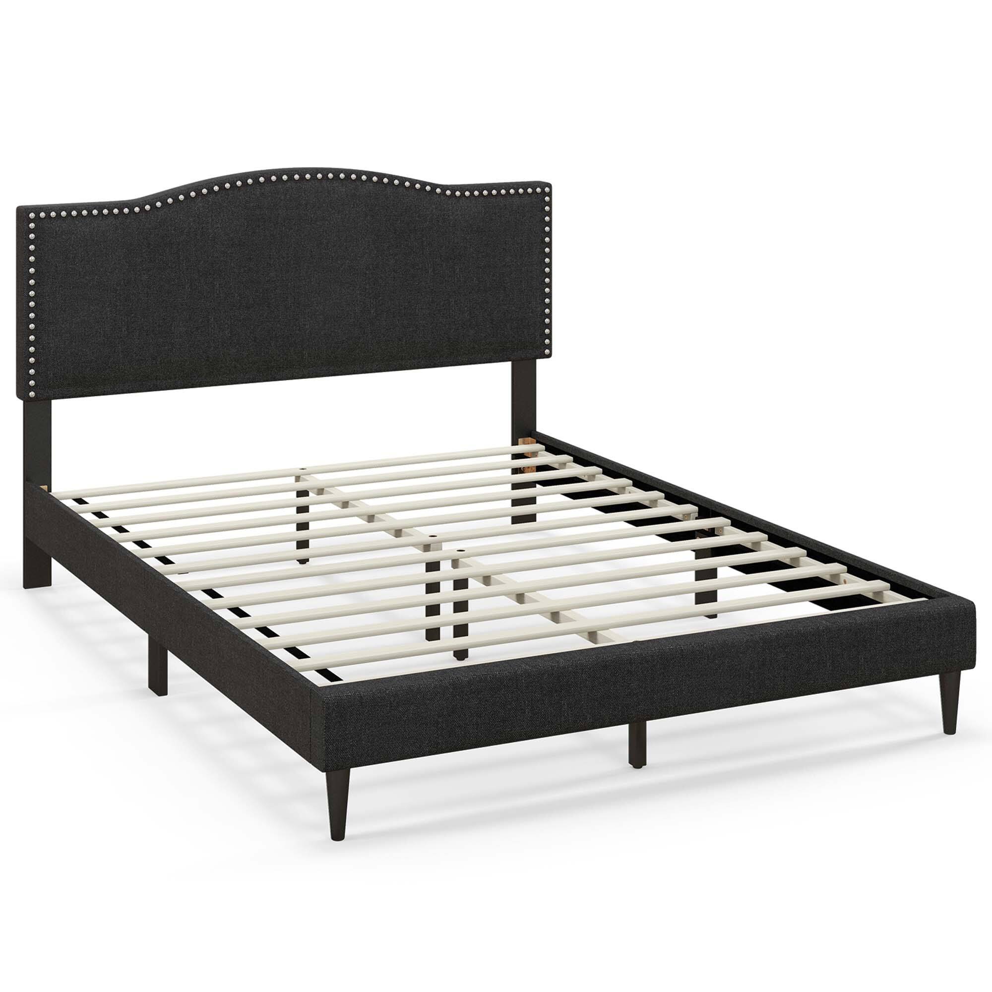 Costway - Queen Size Upholstered Bed Frame with Nailhead Trim Headboard Wooden Slats Support - Black