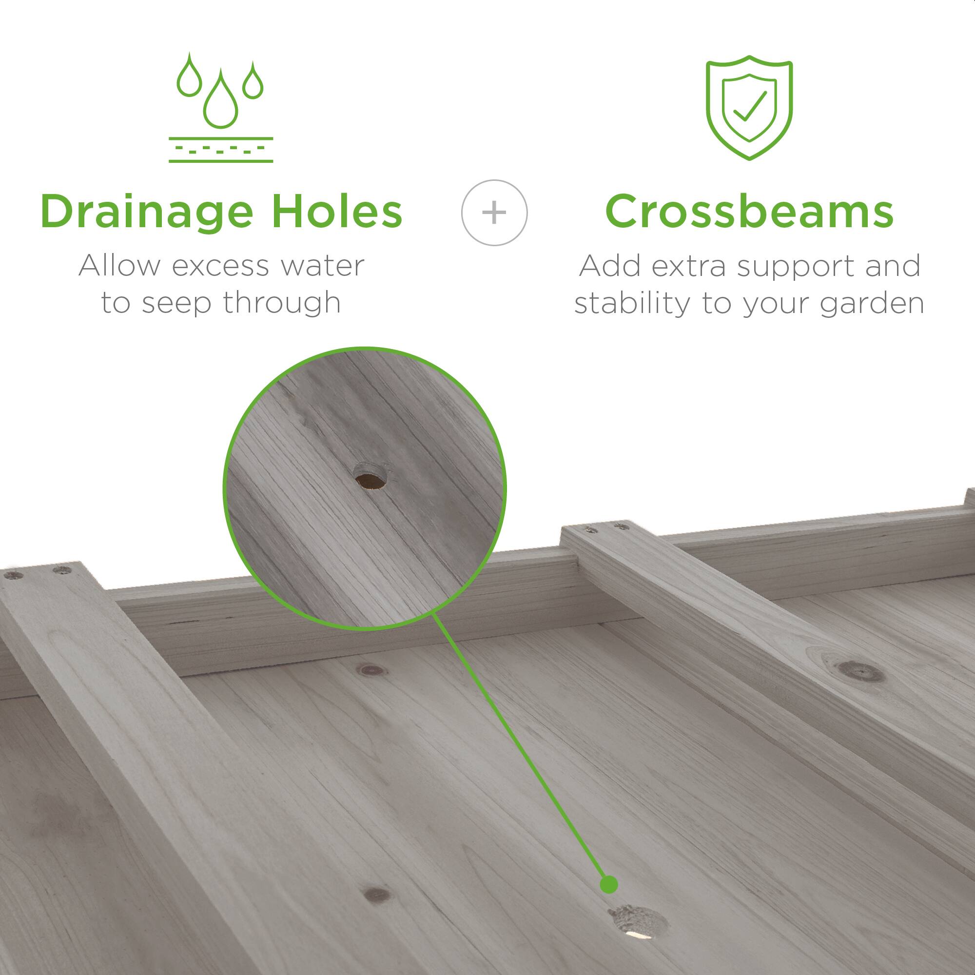 Drainage Holes  
Allow excess water to seep through  

+  

Crossbeams  
Add extra support and stability to your garden