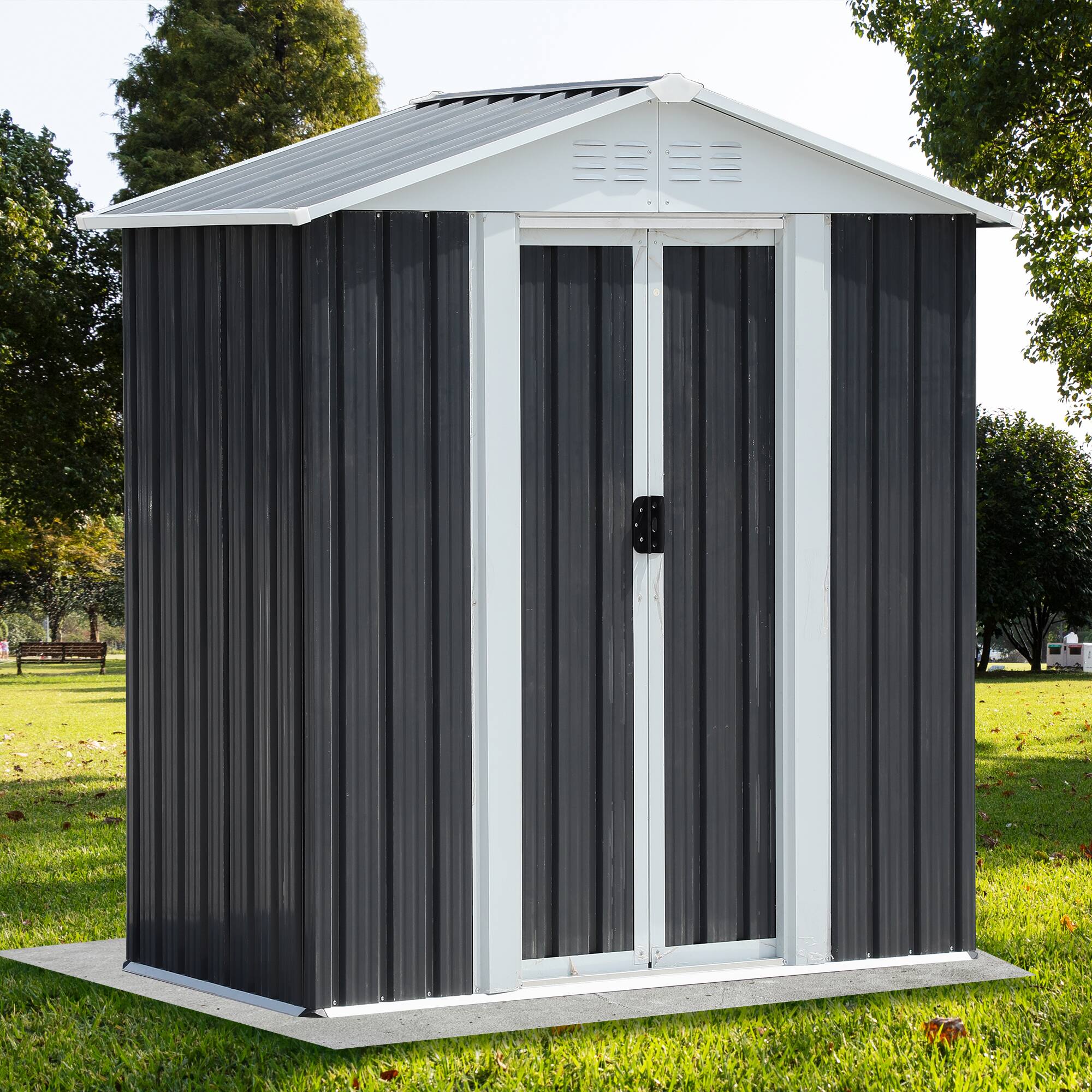 Front. TinyHomie - 5 x 3FT Grey Sliding Door Garden Shed for Outdoors Storage Apex Roof Design.