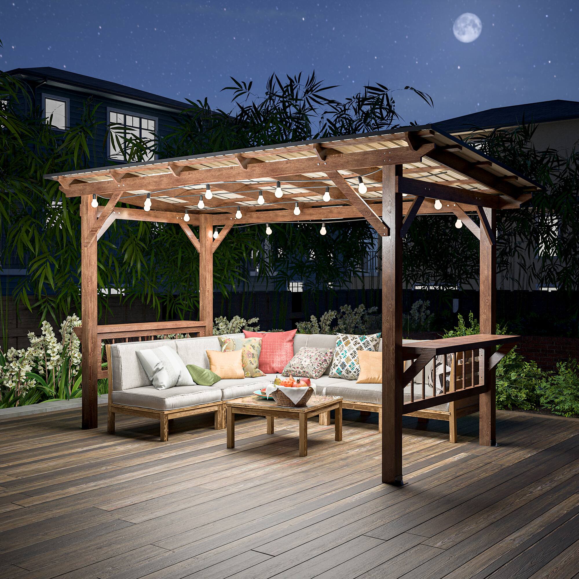 Left. Mondawe - 13x6 FT Wooden Pergola Grill Gazebo with Metal Roof & Bulbs & Bar Counters - Brown.