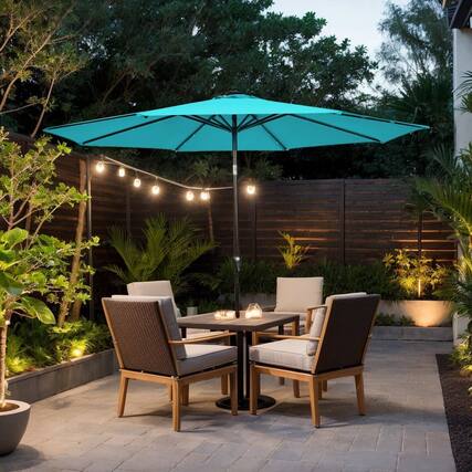 Front. Kadyn - Outdoor Garden UmbrellaMarket Umbrella10 Feet Outdoor Patio Umbrella with Bright Solar LED Lights Turquoise - Blue.