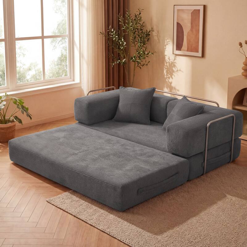 Alt View 1. Dyonery - 65"Folding Sofa Bed Convertable Corduroy Couch  Floor Sleeper 4-in-1 DIY Combination Modular Sofa Fold Out Comfy sofa. - Grey.