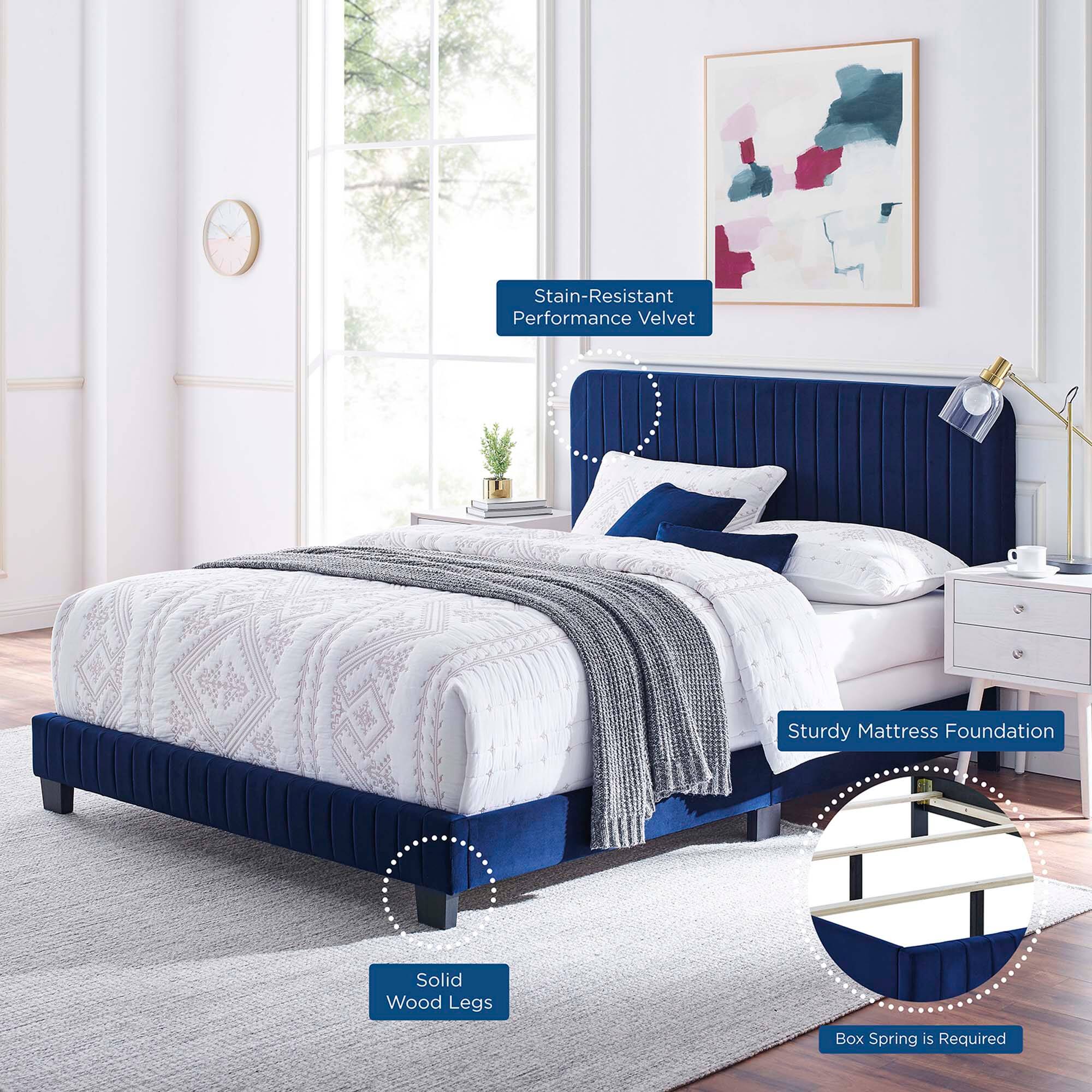 - Stain-Resistant Performance Velvet
- Sturdy Mattress Foundation
- Solid Wood Legs
- Box Spring is Required