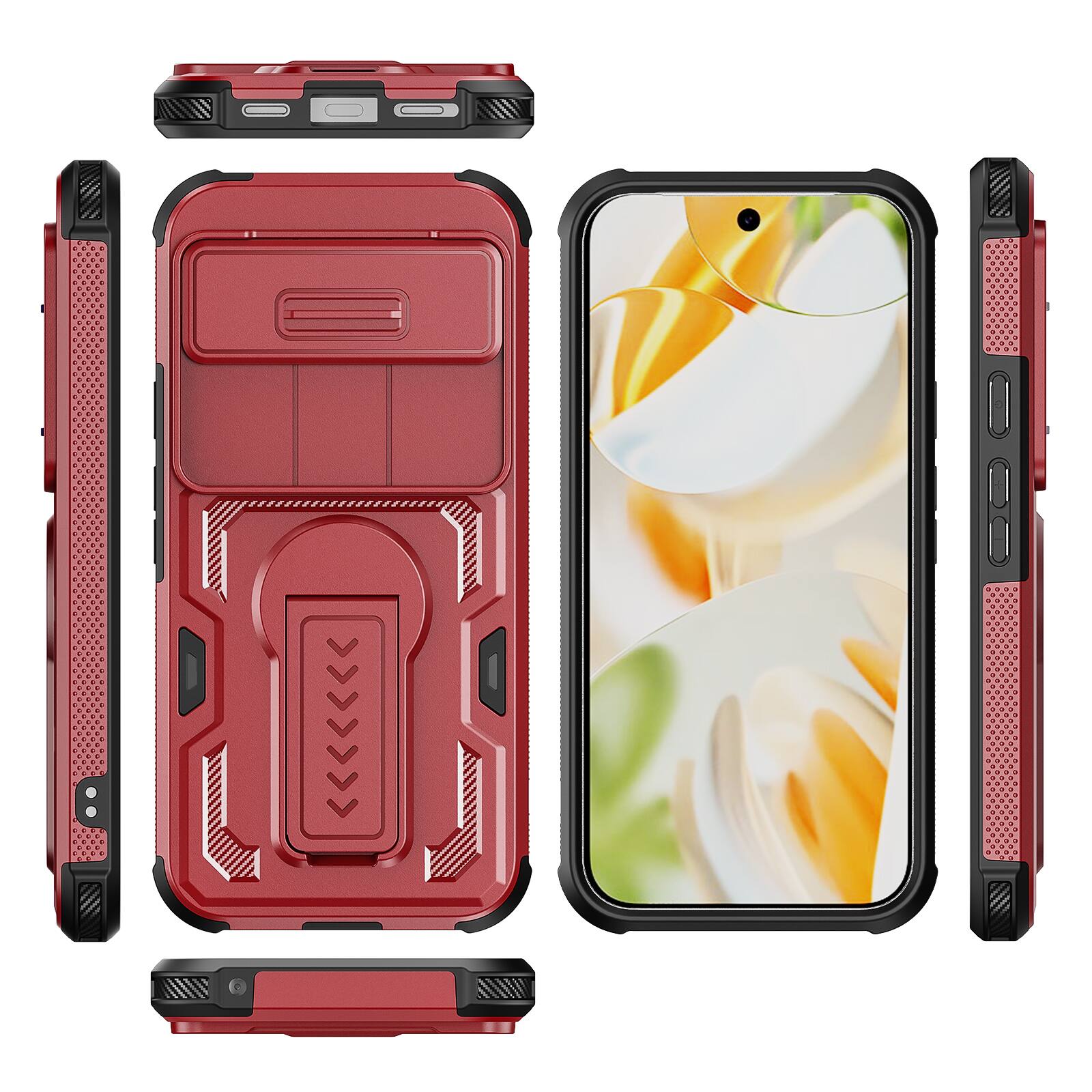 Alt View 4. Dteck - Rugged Stand Case for Google Pixel 10 Pro XL,Shockproof Heavy Duty Cover With Sliding Lens Cover+Tempered Glass Flim - Red.