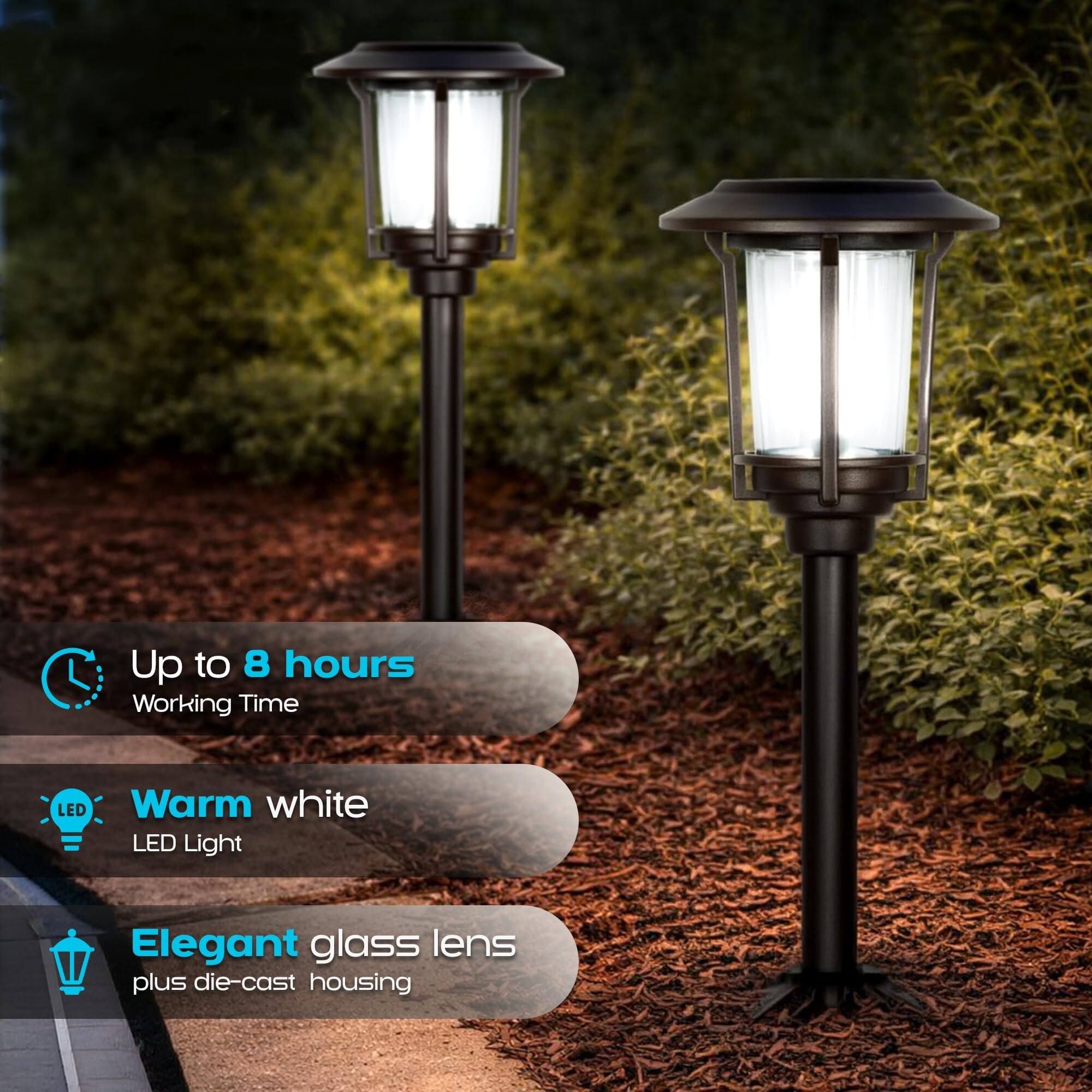 Up to 8 hours Working Time  
Warm white LED Light  
Elegant glass lens plus die-cast housing