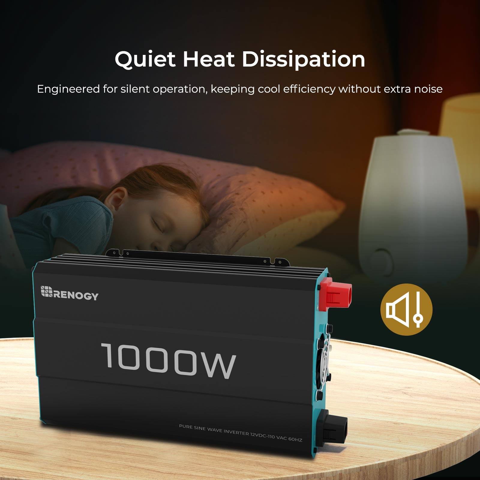 The text on the image is grouped and corrected as follows:

"Quiet Heat Dissipation: Engineered for silent operation, keeping cool efficiency without extra noise. Renogy 1000W Pure Sine Wave Inverter 12VDC-110VAC ZH-1000D."
