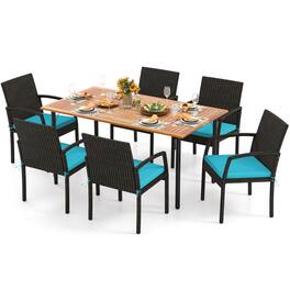 Costway - 7PCS Patio Rattan Dining Chair Table Set W/ Cushion & Hole - Turquoise