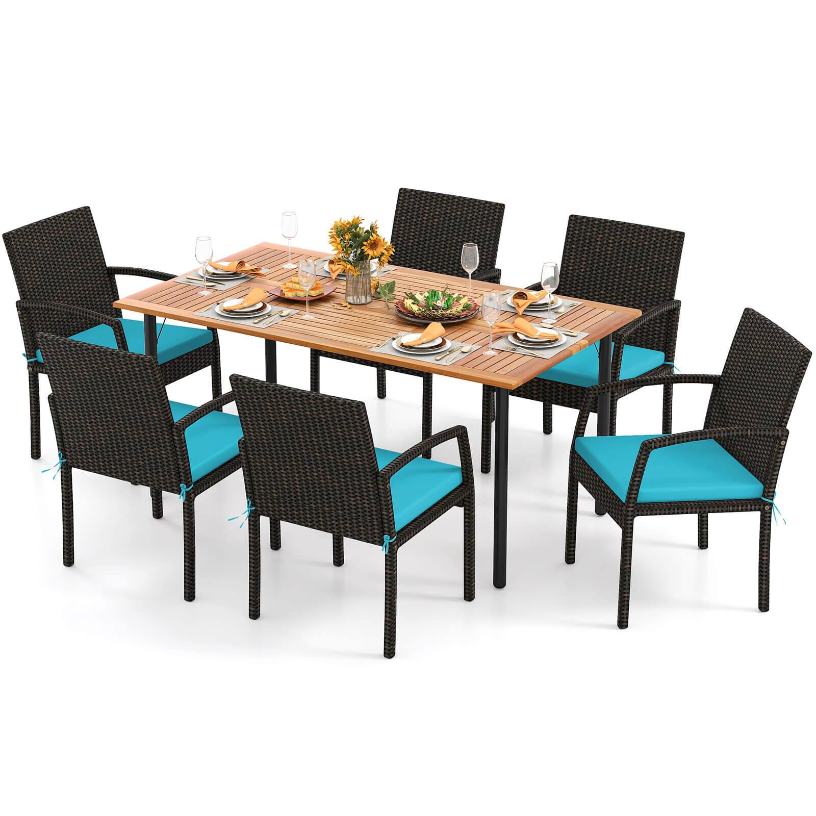 Front. Costway - Costway 7PCS Patio Rattan Dining Chair Table Set W/ Cushion & Hole - Turquoise.