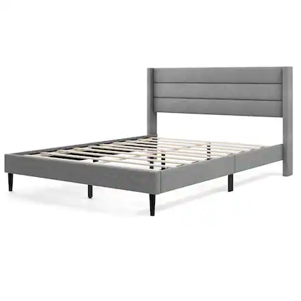 Front. Costway - Queen Bed Frame with Wingback Headboard Linen Upholstered Platform Bed - Grey.