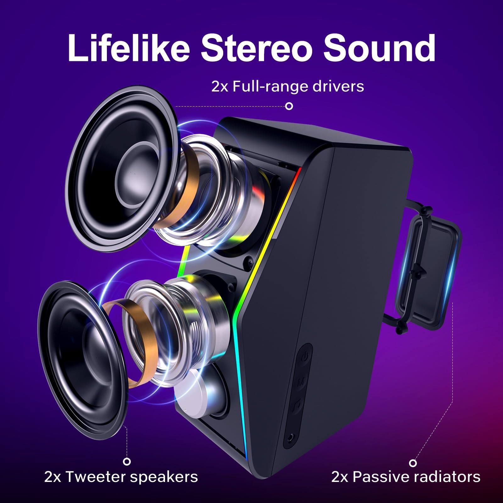 Lifelike Stereo Sound

2x Full-range drivers

2x Tweeter speakers

2x Passive radiators