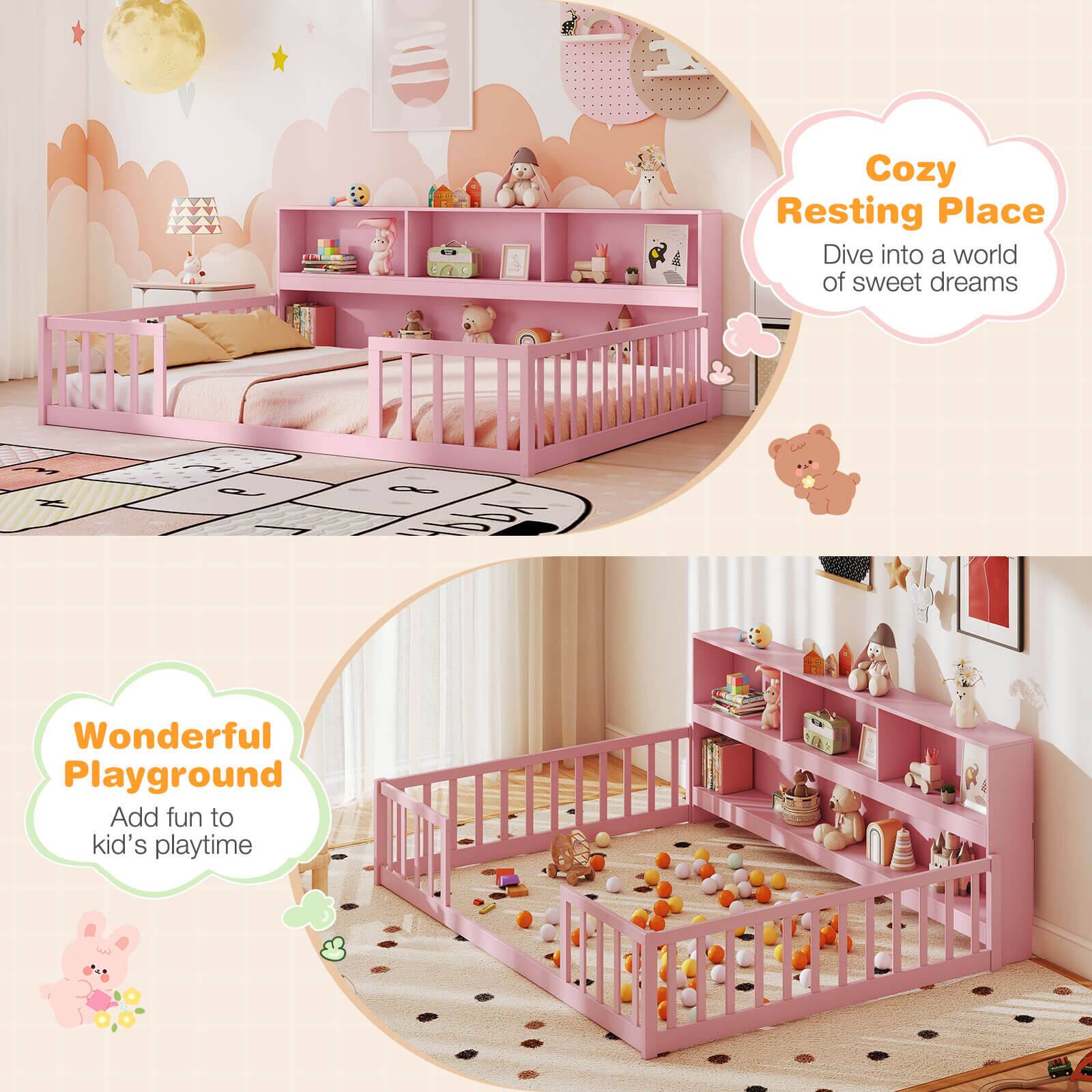 Alt View 9. Costway - Costway Full Size Montessori Floor Bed with Bookcase Storage Shelves & Safety Fence Rails - Pink.