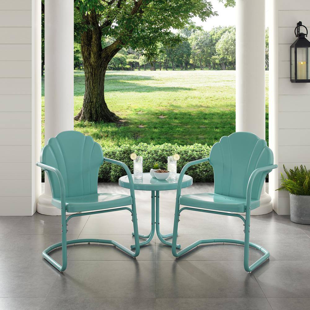Alt View 2. Crosley Furniture - Tulip 3Pc Retro Outdoor Chair Set - Side Table & 2 Chairs - Pastel Blue Satin.