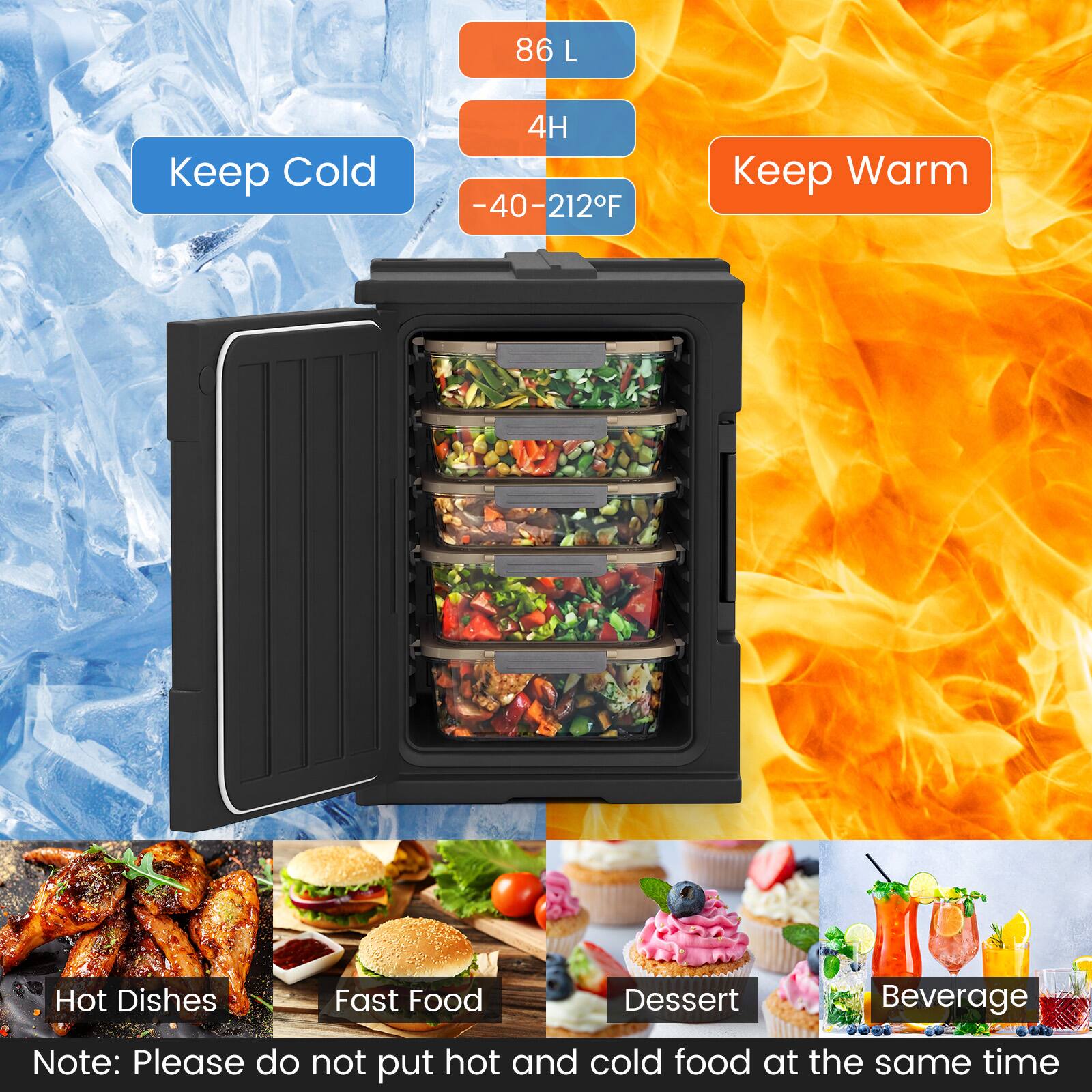 86 L  
Keep Cold  
4H  
-40-212°F  
Keep Warm  

Hot Dishes  
Fast Food  
Dessert  
Beverage  

Note: Please do not put hot and cold food at the same time