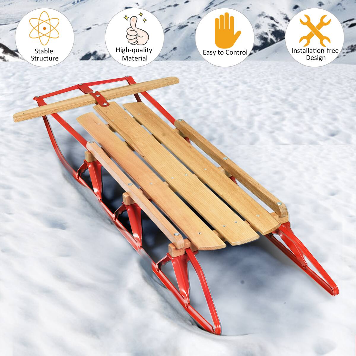 The text on the image describes the sled as having a stable structure, high-quality materials, easy-to-control features, and an installation-free design.
