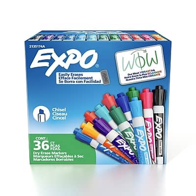 2135174A  
EXPO  
Easily Erases  
Se Efface Facilement  
Se Borra con Facilidad  

WOW  
Most Vibrant  
La Plus Vibrante  
Nuestra Tinta Se Borra con Facilidad  

Chisel  
Ciseau  
Cincel  

CONT.  
36 PZAS.  
PCAS  
Dry Erase Markers  
Marqueurs Effaçables à Sec  
Marcadores Borrables EYDn  

EXPO  
EXPO  
EXPO  
EXPO