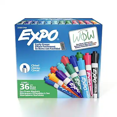 2135174A
EXPO
Easily Erases
Se Efface Facilement
Se Borra con Facilidad
WOW
Most Vibrant
La Plus Vibrante
Nuestra Tinta Se Borra con Facilidad
Chisel
Ciseau
Cincel
CONT.
36 PZAS.
PCAS
Dry Erase Markers
Marqueurs Effaçables à Sec
Marcadores Borrables EYDn
EXPO
EXPO
EXPO
EXPO
