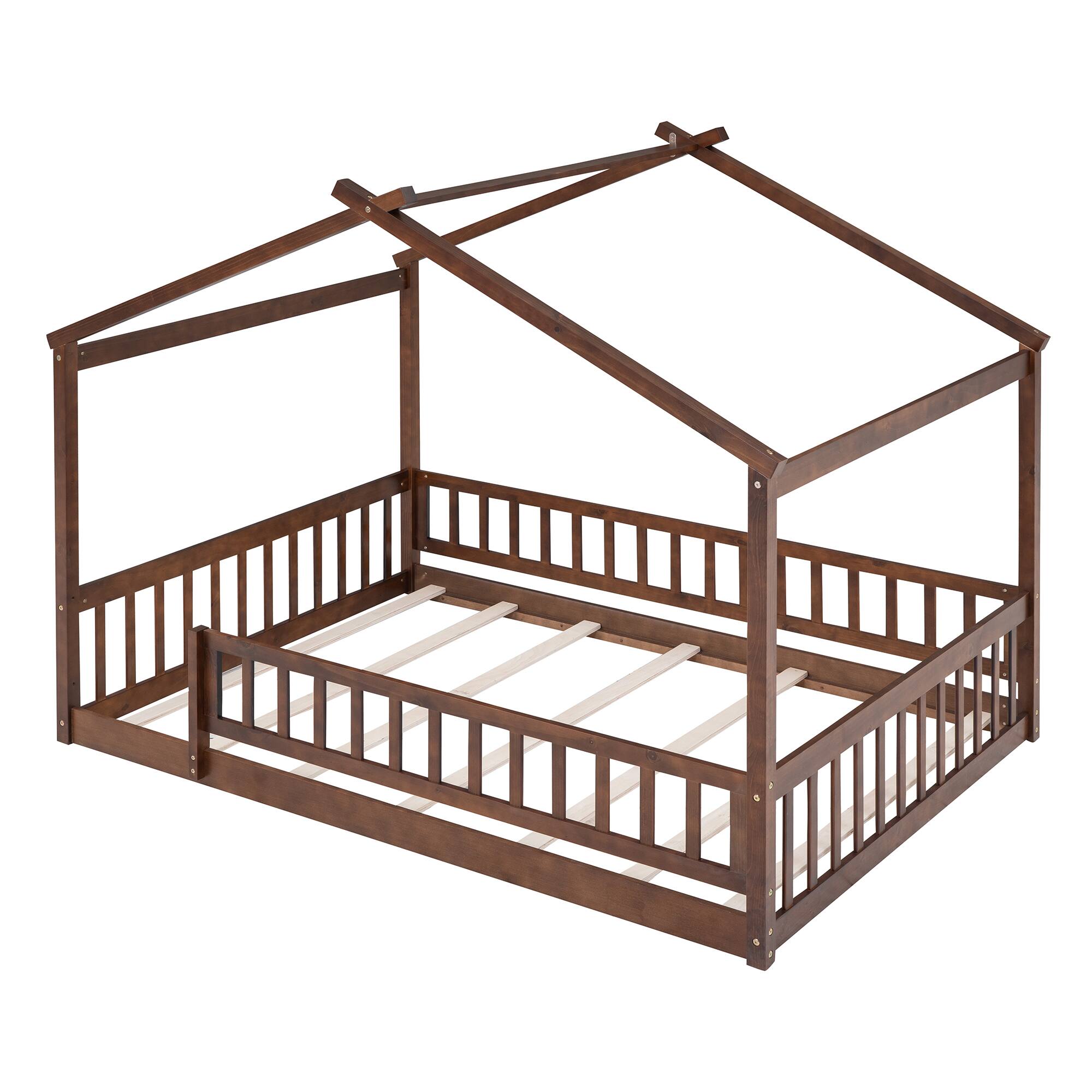 Alt View 4. Whisen - Wood House Bed Frame with Fence for Kids and Teens - Walnut.