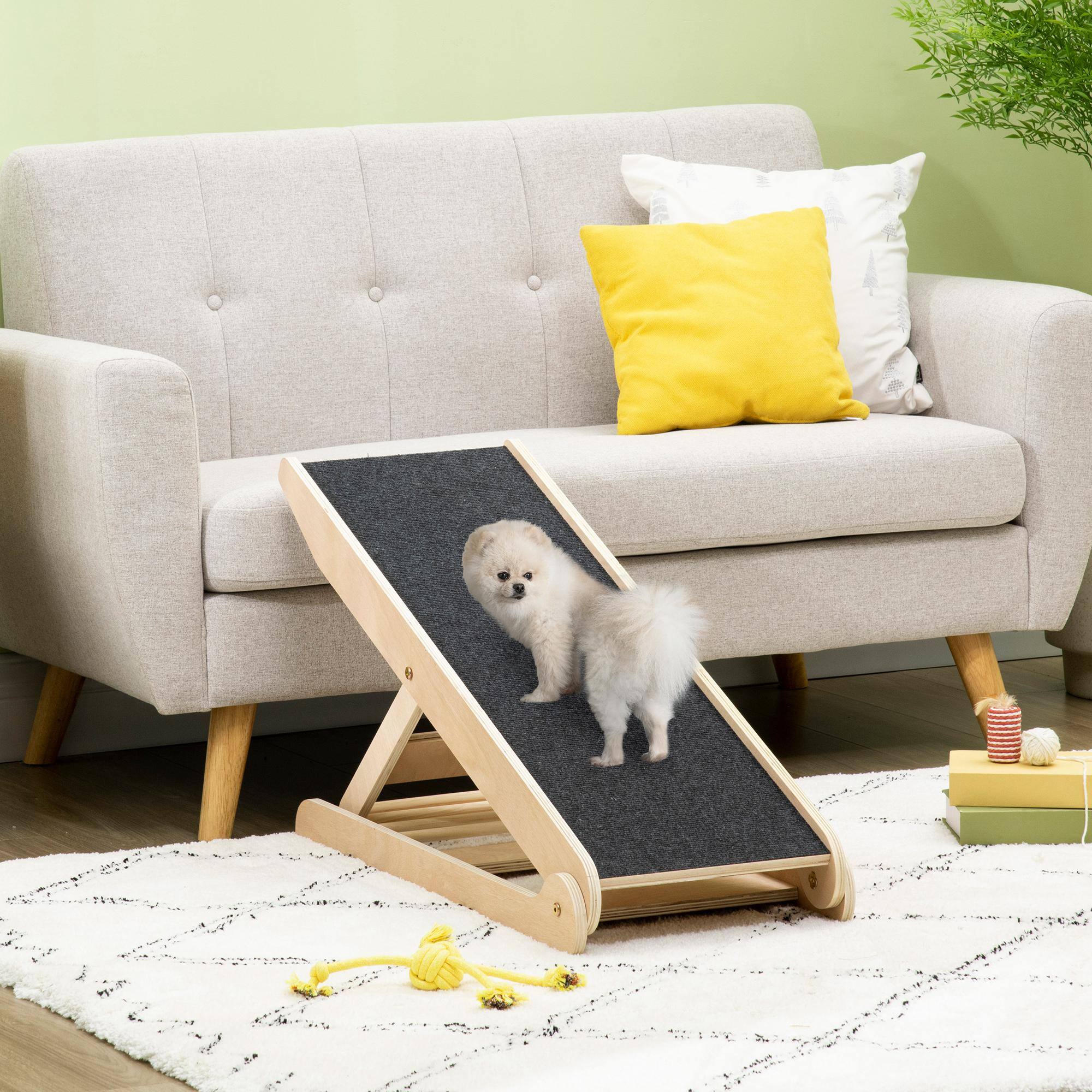 Angle. Pawhut - Height Adjustable Pet Ramp with Non-Slip Carpet Surfaces, 4 Levels Folding Dog Cat Ramp for Bed, Sofa & Car - Natural Wood.